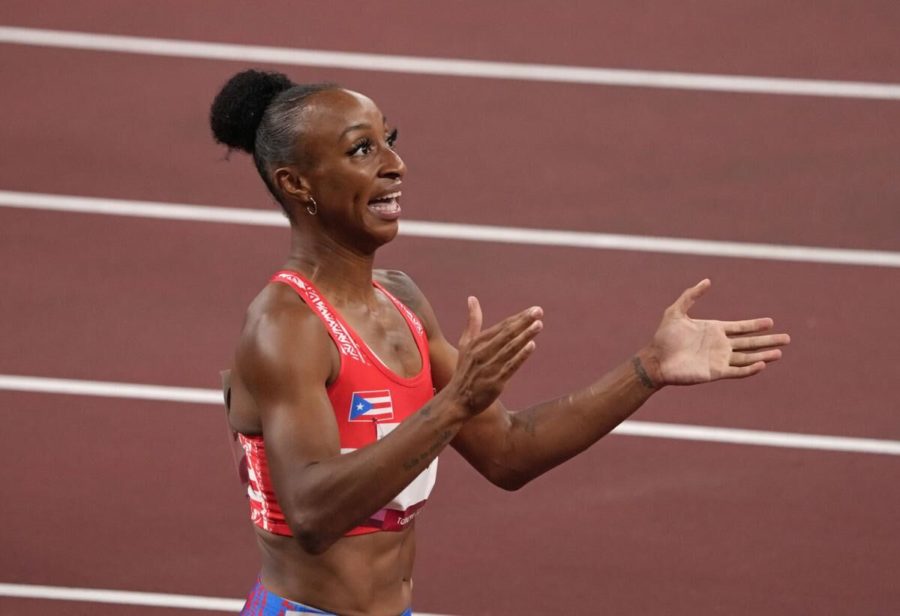 Former Kentucky track and field star Jasmine Camacho-Quinn, Puerto Rico, reacts after winning a women’s 100-meter hurdles semifinal and running an Olympic-record time of 12.26 at the 2020 Summer Olympics, Sunday, Aug. 1, 2021, in Tokyo, Japan.  