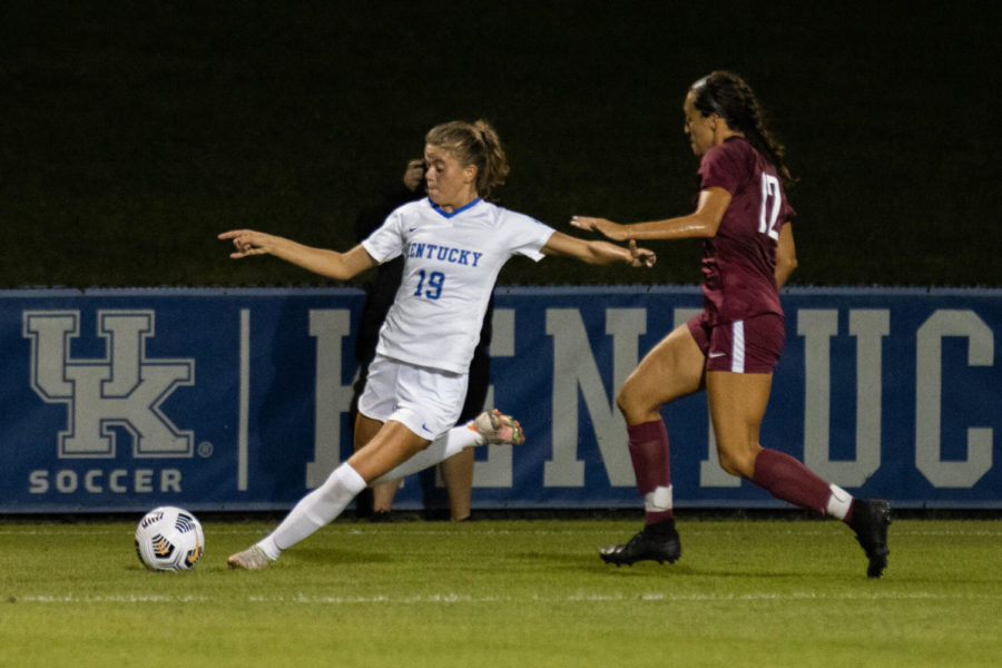 Kentucky Wildcats defender Sara Makoben-Blessing (19) prepares to kick the ball during UK’s game against Bellarmine on Sunday, Sept. 19, 2021, at Wendell and Vickie Bell Soccer Complex in Lexington, Kentucky. UK won 4-0. Photo by Jackson Dunavant | Staff