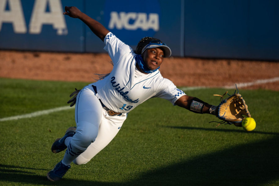 Kentucky Wildcat sophomore Rylea Smith (19) dives and misses a catch during the University of Kentucky vs. University of Georgia softball game on Monday, April 12, 2021, at John Cropp Stadium in Lexington, Kentucky. UK lost 5-2. Photo by Michael Clubb | Staff