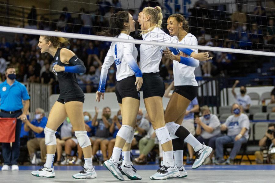 Kentucky+Wildcats+outside+hitter+Alli+Stumler+%2817%29+celebrates+with+Kentucky+Wildcats+setter+Emma+Grome+%284%29+during+UK%E2%80%99s+home+opener+against+Northern+Iowa+on+Friday%2C+Sept.+3%2C+2021%2C+at+Memorial+Coliseum+in+Lexington%2C+Kentucky.+UK+won+3-0.+Photo+by+Jack+Weaver+%7C+Staff