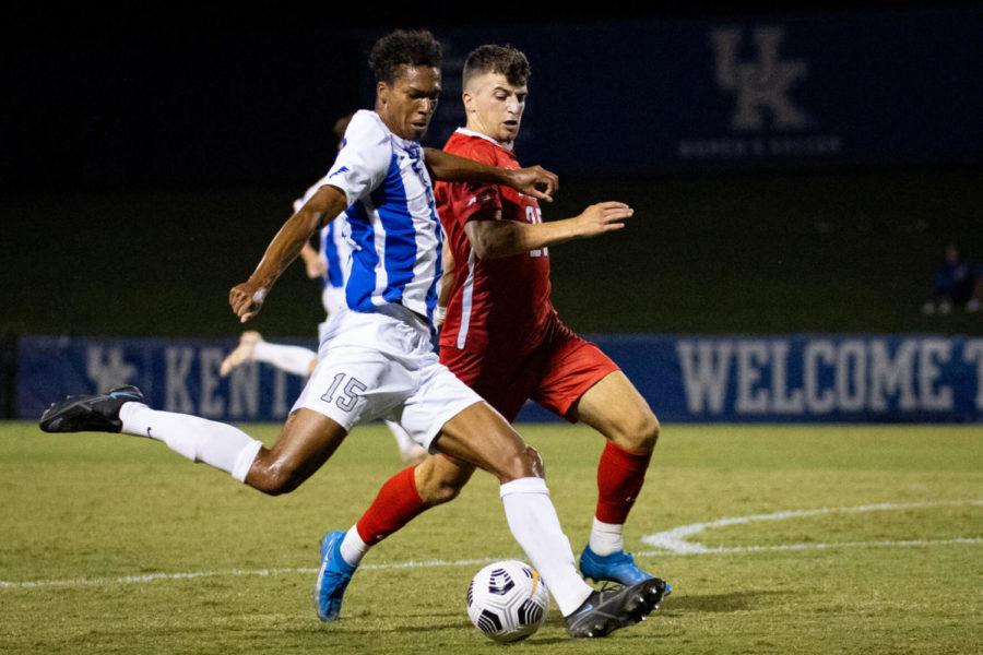 Kentucky Wildcats forward Brock Lindow (15) takes a shot on goal during the University of Kentucky vs. Duquesne mens soccer game on Sunday, Sept. 12, 2021, at the Bell Soccer Complex in Lexington, Kentucky. UK won 3-1. Photo by Michael Clubb | Staff