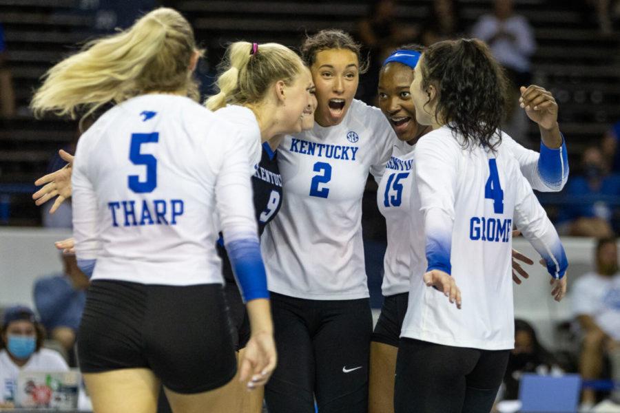 Kentucky Wildcats outside hitter Madi Skinner (2) celebrates with her team during UK volleyball’s game against Southern California on Saturday, Sept. 4, 2021, at Memorial Coliseum in Lexington, Kentucky. UK won 3-0. Photo by Jack Weaver | Staff