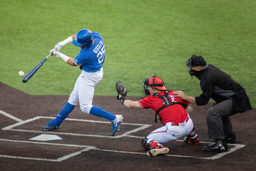 Kentucky Wildcat Coltyn Kessler (25) hits the ball during the UK vs. Louisville baseball game on Tuesday, April 20, 2021, at Kentucky Proud Park in Lexington, Kentucky. UK lost 12-5. Photo by Jack Weaver | Staff