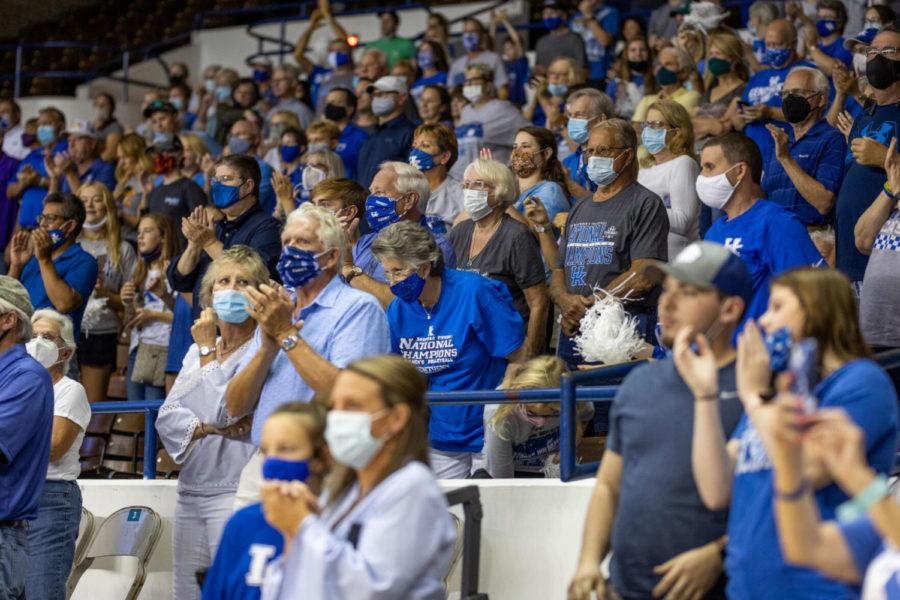 Fans cheer as the Wildcats warm up before UK’s home opener against Northern Iowa on Friday, Sept. 3, 2021, at Memorial Coliseum in Lexington, Kentucky. UK won 3-0. Photo by Jack Weaver | Staff
