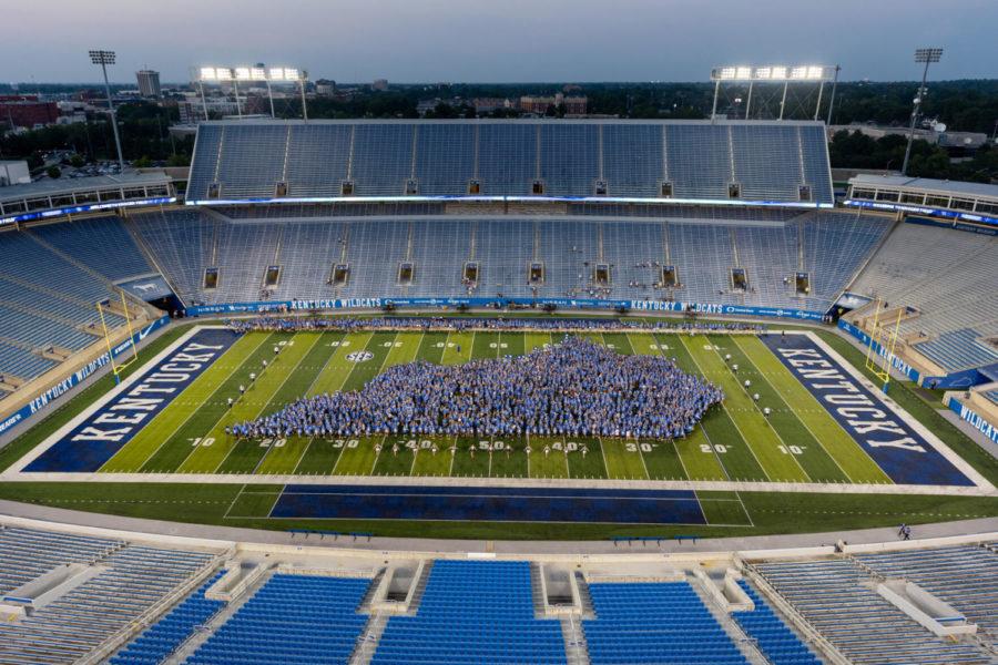 New students form the shape of the state of Kentucky during the Wildcat Welcome Ceremony on Friday, Aug. 20, 2021, at Kroger Field in Lexington, Kentucky. Photo by Jack Weaver | Staff