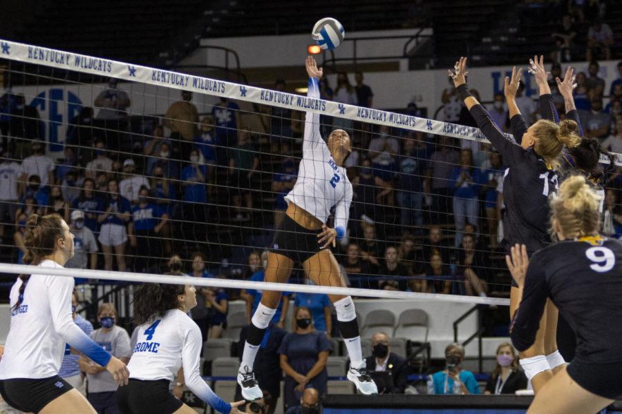 Kentucky Wildcats outside hitter Madi Skinner (2) hits the ball during UK’s home opener against Northern Iowa on Friday, Sept. 3, 2021, at Memorial Coliseum in Lexington, Kentucky. UK won 3-0. Photo by Jack Weaver | Staff