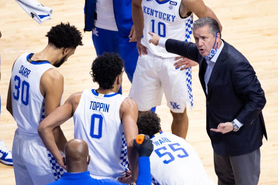 Kentucky Wildcats head coach John Calipari scolds his team during a timeout during the University of Kentucky vs. Louisiana State University mens basketball game on Saturday, Jan. 23, 2021, at Rupp Arena in Lexington, Kentucky. UK won 82-69. Photo by Michael Clubb | Staff