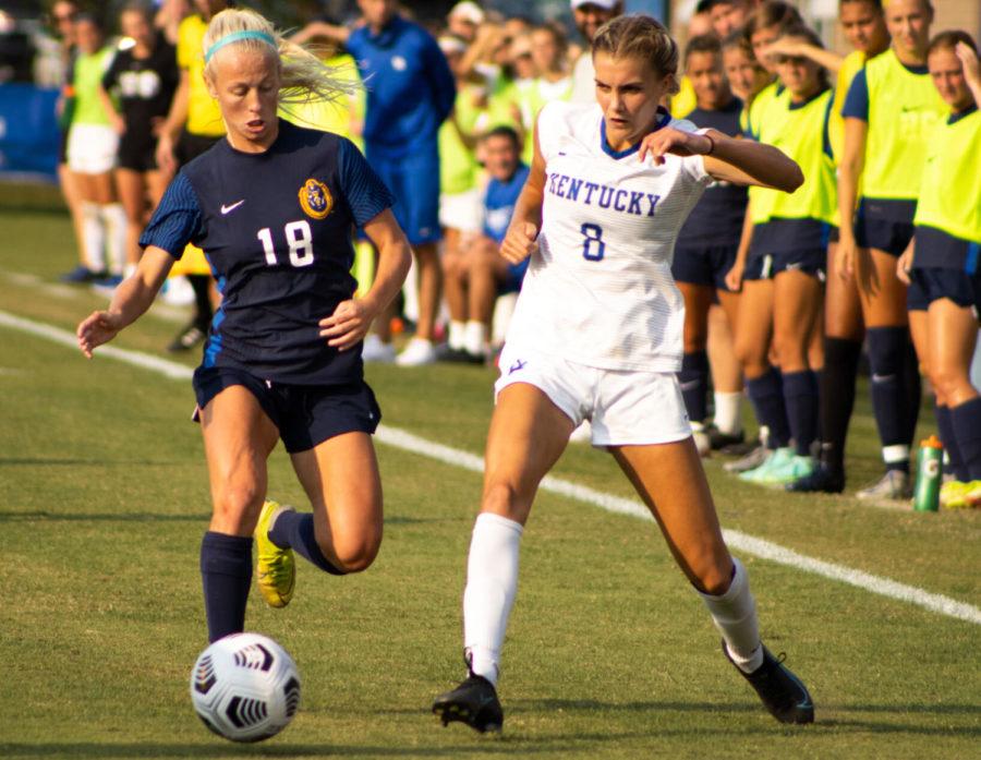 Kentucky Wildcats forward Hannah Richardson (8) tries to the steal the ball during UK’s game against Murray State on Sunday, Sept. 12, 2021, at Wendell and Vickie Bell Soccer Complex in Lexington, Kentucky. UK won 3-2. Photo by Jackson Dunavant | Staff