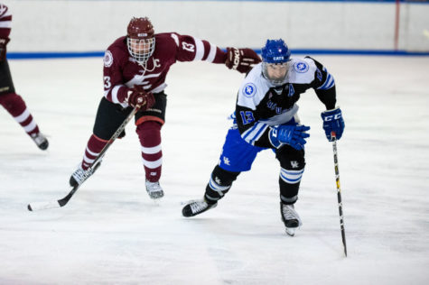Kentucky and EKU hockey players chase after the puck during the game against EKU on Friday, Jan. 18, 2019, at The Lexington Ice Center in Lexington, Kentucky. Kentucky won 6 to 3. Photo by Jordan Prather | Staff