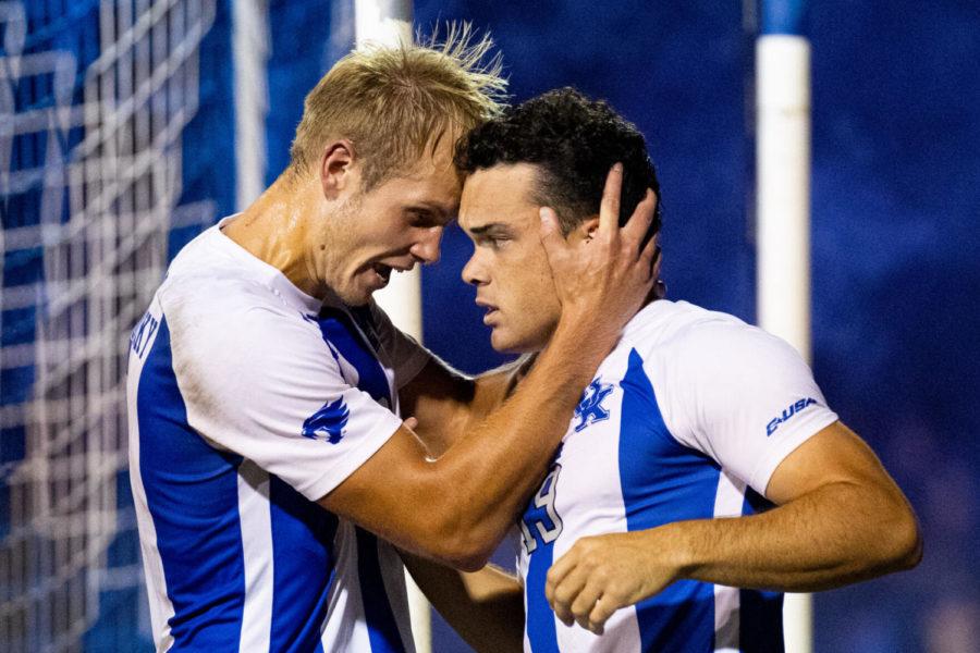 Kentucky+Wildcats+forward+Eythor+Bjorgolfsson+%289%29+celebrates+with+Kentucky+Wildcats+forward+Luke+Andrews+%2819%29+after+a+Andrewss+goal+during+the+University+of+Kentucky+vs.+Notre+Dame+mens+soccer+game+on+Friday%2C+Sept.+3%2C+2021%2C+at+the+Bell+Soccer+Complex+in+Lexington%2C+Kentucky.+UK+won+1-0.+Photo+by+Michael+Clubb+%7C+Staff