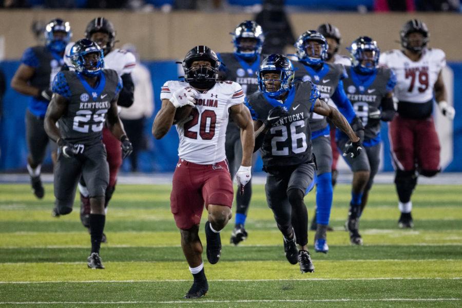 South Carolina Gamecocks running back Kevin Harris (20) runs the ball down the field during the University of Kentucky vs. University of South Carolina football game on Saturday, Dec. 5, 2020, at Kroger Field in Lexington, Kentucky. UK won 41-18. Photo by Michael Clubb | Staff