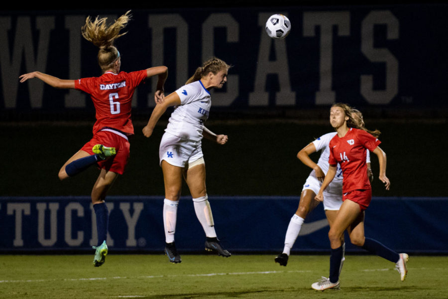 Kentuckys Jordyn Rhodes (30) heads the ball towards a teammate during the University of Kentucky vs. University of Dayton womens soccer game on Thursday, Sept. 2, 2021, at the Bell Soccer Complex in Lexington, Kentucky. UK tied with Dayton 0-0. Photo by Michael Clubb | Staff