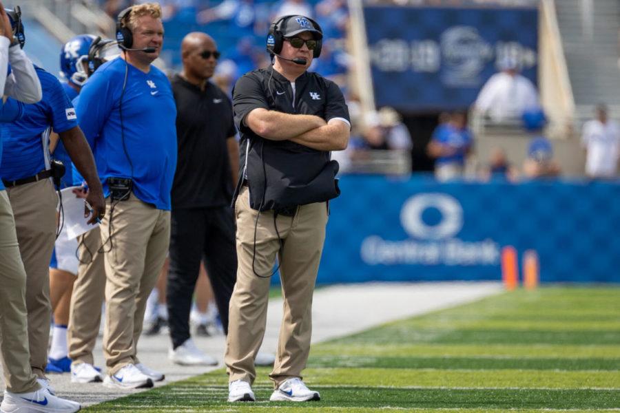 Kentucky head coach Mark Stoops watches the Wildcats during UK’s home opener against Louisiana Monroe on Saturday, Sept. 4, 2021, at Kroger Field in Lexington, Kentucky. UK won 45-10. Photo by Jack Weaver | Staff