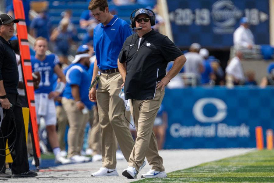 Kentucky head coach Mark Stoops stands on the sideline during UK’s home opener against Louisiana Monroe on Saturday, Sept. 4, 2021, at Kroger Field in Lexington, Kentucky. UK won 45-10. Photo by Jack Weaver | Staff