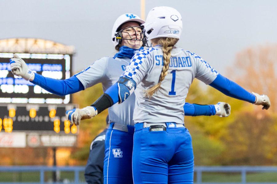 Kentucky+Wildcats+senior+Grace+Baalman+%283%29+and+sophomore+Miranda+Stoddard+%281%29+celebrate+after+a+home+run+during+the+UK+vs.+Morehead+State+game+on+Wednesday%2C+March+31%2C+2021%2C+at+Cropp+Softball+Stadium+in+Lexington%2C+Kentucky.+UK+won+13-1.+Photo+by+Jack+Weaver+%7C+Staff