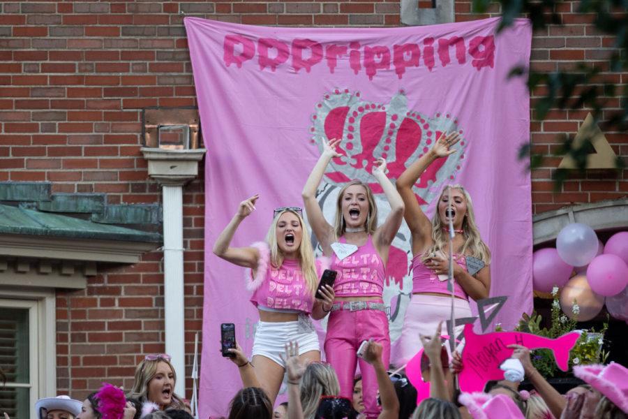 Members of Tri Delta welcome home new sorority members during Bid Day at the University of Kentucky on Tuesday, Sept. 7, 2021, in Lexington, Kentucky. Photo by Michael Clubb | Staff