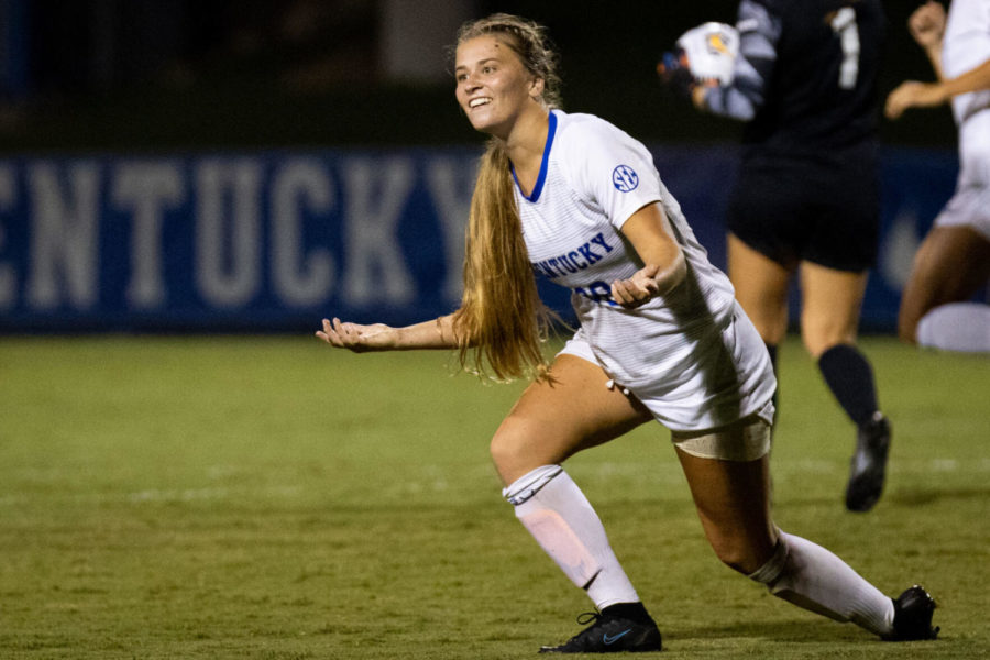 Kentuckys Jordyn Rhodes (30) reacts after not getting a foul call from the referee during the University of Kentucky vs. University of Dayton womens soccer game on Thursday, Sept. 2, 2021, at the Bell Soccer Complex in Lexington, Kentucky. UK tied with Dayton 0-0. Photo by Michael Clubb | Staff