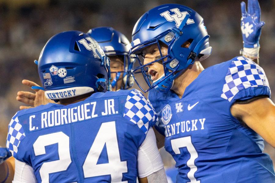 Kentucky+quarterback+Will+Levis+%287%29+celebrates+with+Kentucky+running+back+Chris+Rodriguez+Jr.+%2824%29+during+UK%E2%80%99s+game+against+Missouri+on+Saturday%2C+Sept.+11%2C+2021%2C+at+Kroger+Field+in+Lexington%2C+Kentucky.+UK+won+35-28.+Photo+by+Jack+Weaver+%7C+Staff