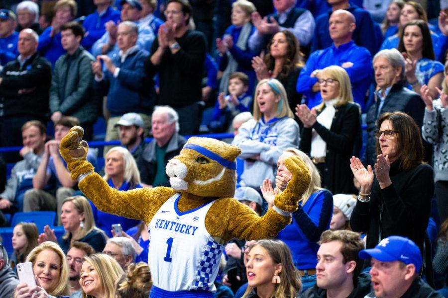 The Wildcat mascot calls for the crowd to stand during the game against Ole Miss on Saturday, Feb. 15, 2020, at Rupp Arena in Lexington, Kentucky. Kentucky won 67-62. Photo by Jordan Prather | Staff