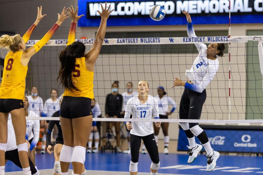 Kentucky+Wildcats+outside+hitter+Madi+Skinner+%282%29+hits+the+ball+over+the+net+during+UK+volleyball%E2%80%99s+game+against+Southern+California+on+Saturday%2C+Sept.+4%2C+2021%2C+at+Memorial+Coliseum+in+Lexington%2C+Kentucky.+UK+won+3-0.+Photo+by+Jack+Weaver+%7C+Staff