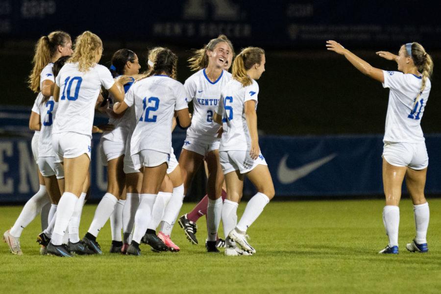 The Wildcats celebrate during UK’s game against Bellarmine on Sunday, Sept. 19, 2021, at Wendell and Vickie Bell Soccer Complex in Lexington, Kentucky. UK won 4-0. Photo by Jackson Dunavant | Staff