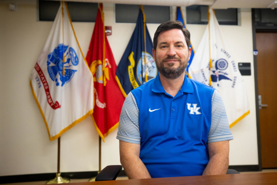 Naval First Class Petty Officer and UK senior business management major, Daniel Lane, poses for a portrait on Tuesday, Sept. 7, 2021, at Erickson Hall in Lexington, Kentucky. Photo by Michael Clubb | Staff