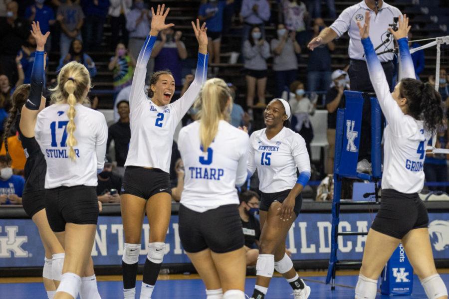 Kentucky+celebrates+after+scoring+a+point+during+the+University+of+Kentucky+vs.+Missouri+volleyball+game+on+Friday%2C+Sept.+24%2C+2021%2C+at+Memorial+Coliseum+in+Lexington%2C+Kentucky.+UK+won+3-0.+Photo+by+Jack+Weaver+%7C+Staff
