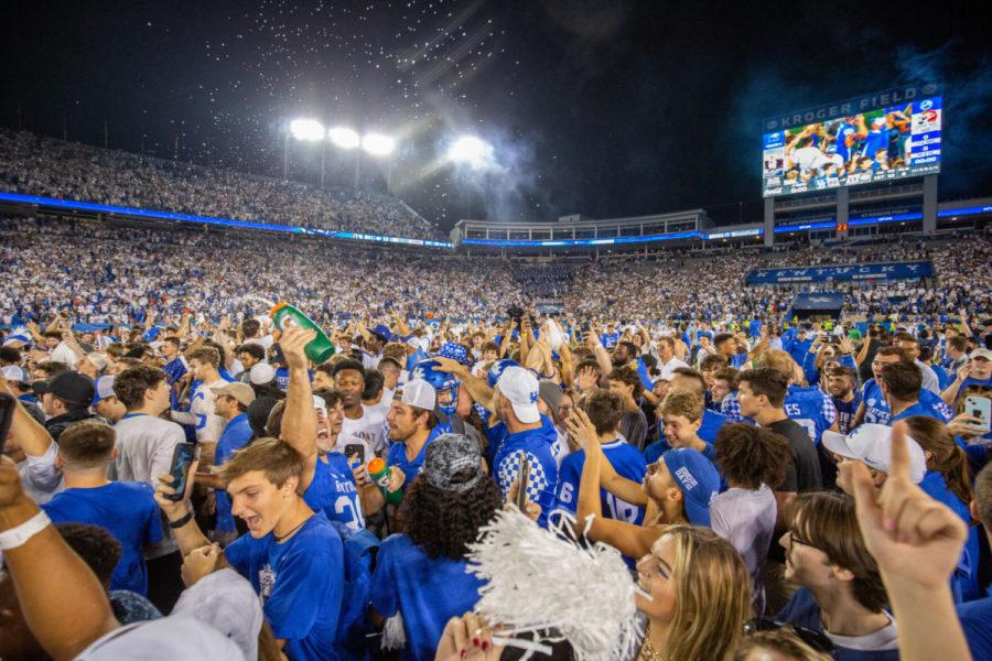Kentucky+fans+celebrate+on+the+field+after+the+University+of+Kentucky+vs.+Florida+football+game+on+Saturday%2C+Oct.+2%2C+2021%2C+at+Kroger+Field+in+Lexington%2C+Kentucky.+UK+won+20-13.+Photo+by+Jack+Weaver+%7C+Staff