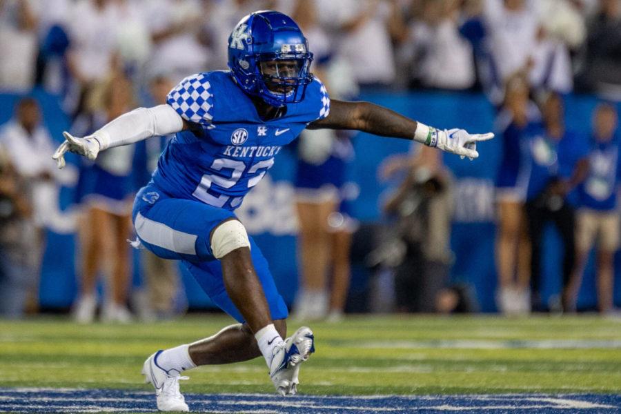 Kentucky+defensive+back+Tyrell+Ajian+%2823%29+celebrates+after+a+tackle+during+the+University+of+Kentucky+vs.+Florida+football+game+on+Saturday%2C+Oct.+2%2C+2021%2C+at+Kroger+Field+in+Lexington%2C+Kentucky.+UK+won+20-13.+Photo+by+Jack+Weaver+%7C+Staff