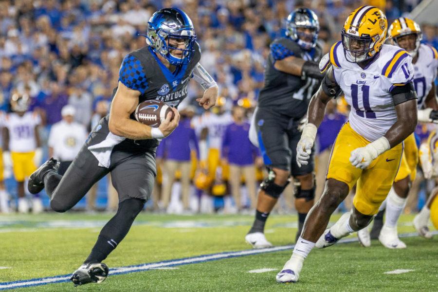Kentucky quarterback Will Levis (7) runs the ball during the No. 16 University of Kentucky vs. LSU game on Saturday, Oct. 9, 2021, at Kroger Field in Lexington, Kentucky. UK won 42-21. Photo by Jack Weaver | Staff