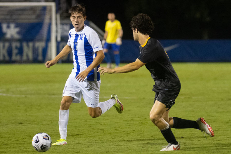 Kentuckys Enzo Mauriz (17) pushes the ball upfield during the Kentucky vs. Wright State mens soccer game on Monday, Aug. 30, 2021, at the Bell Soccer Complex in Lexington, Kentucky. UK won 3-0. Photo by Michael Clubb | Staff