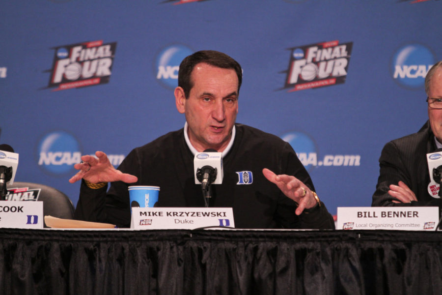 Duke head coach Mike Krzyzewski talks with media during an interview at Lucas Oil Stadium on Friday, April 3, 2015 in Indianapolis , IN. Photo by Jonathan Krueger | Staff.