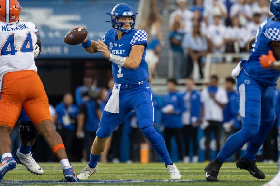 Kentucky quarterback Will Levis (7) makes a pass during the University of Kentucky vs. Florida football game on Saturday, Oct. 2, 2021, at Kroger Field in Lexington, Kentucky. UK won 20-13. Photo by Jack Weaver | Staff