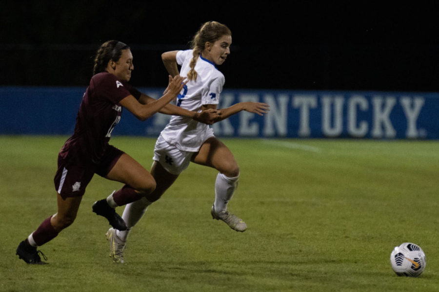 Kentucky Wildcats defender Caroline Trout (18) chases the ball during UK’s game against Bellarmine on Sunday, Sept. 19, 2021, at Wendell and Vickie Bell Soccer Complex in Lexington, Kentucky. UK won 4-0. Photo by Jackson Dunavant | Staff