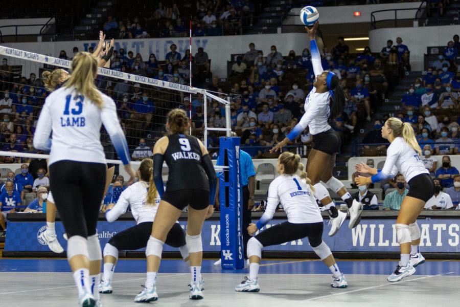 Kentucky Wildcats middle blocker Azhani Tealer (15) hits the ball during UK’s home opener against Northern Iowa on Friday, Sept. 3, 2021, at Memorial Coliseum in Lexington, Kentucky. UK won 3-0. Photo by Jack Weaver | Staff