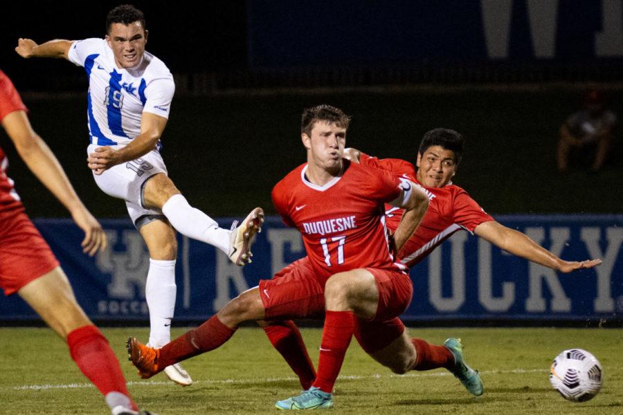 Kentucky Wildcats forward Luke Andrews (19) takes a shot on goal during the University of Kentucky vs. Duquesne mens soccer game on Sunday, Sept. 12, 2021, at the Bell Soccer Complex in Lexington, Kentucky. UK won 3-1. Photo by Michael Clubb | Staff