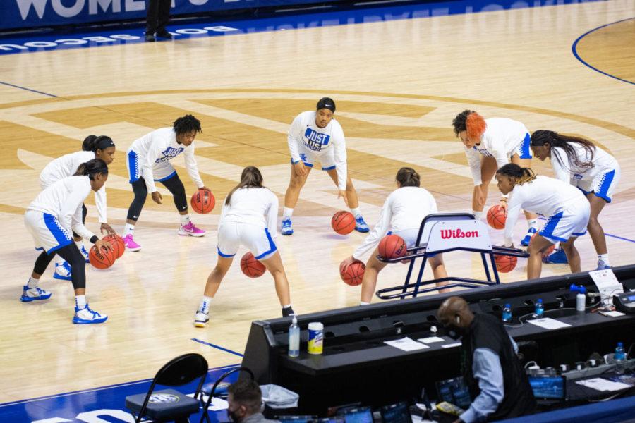 UK warms up before the UK vs. Florida women’s SEC Tournament basketball game on Thursday, March 4, 2021, at Bon Secours Wellness Arena in Greenville, South Carolina. UK won 73-63. Photo by Michael Clubb | Staff