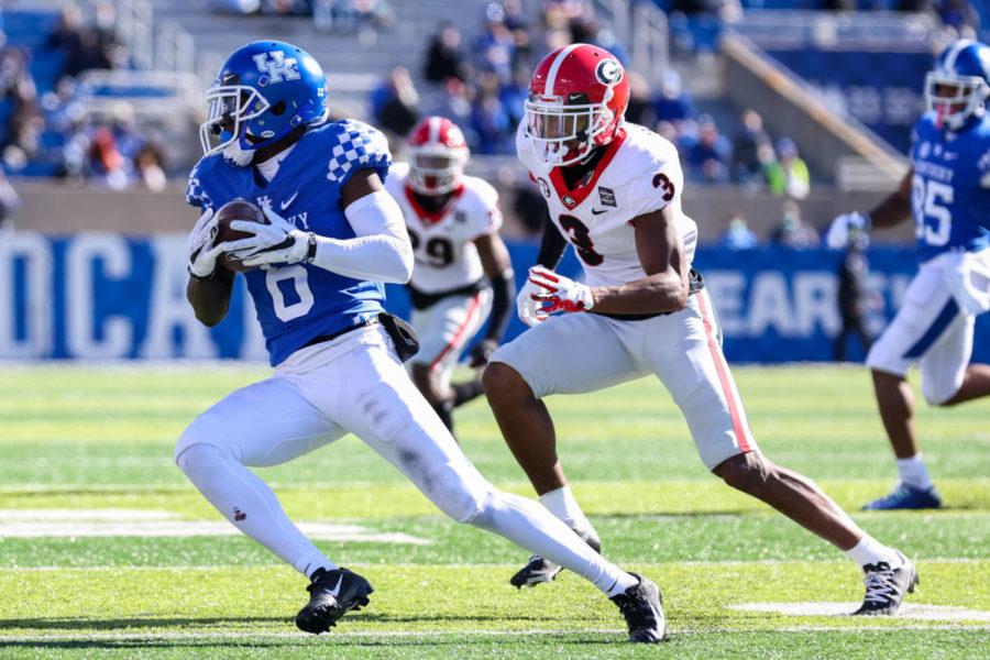 Kentucky Wildcats wide receiver Josh Ali (6) runs the ball up the field during the University of Kentucky vs. University of Georgia football game on Saturday, Oct. 31, 2020, at Kroger Field in Lexington, Kentucky. UK lost 14-3. Photo by Michael Clubb | Staff