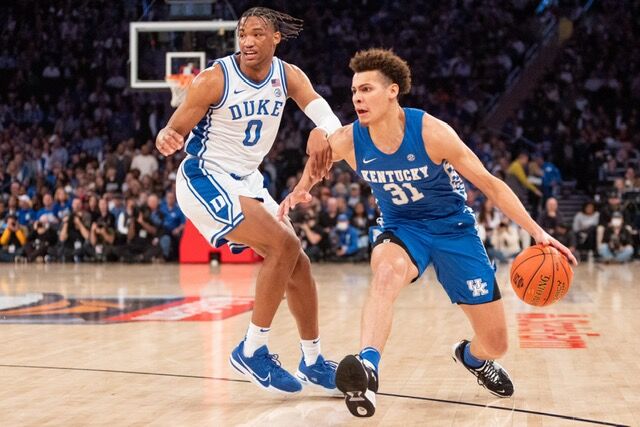 Kentucky Wildcats guard Kellan Grady (31) dribbles past a defender during the UK vs. Duke men’s basketball game as part of the State Farm Champions Classic on Tuesday, Nov. 9, 2021, at Madison Square Garden in New York City, New York. Duke won 79-71. Photo by Jack Weaver | Staff