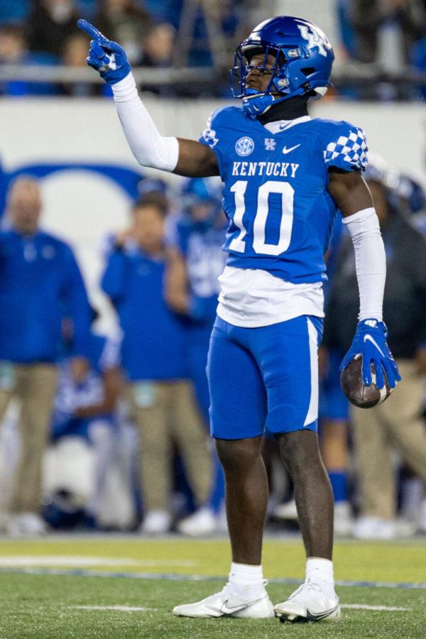 Kentucky wide receiver Chauncey Magwood (10) celebrates a first down during the UK vs. Tennessee football game on Saturday, Nov. 6, 2021, at Kroger Field in Lexington, Kentucky. Tennessee won 45-42. Photo by Jack Weaver | Staff
