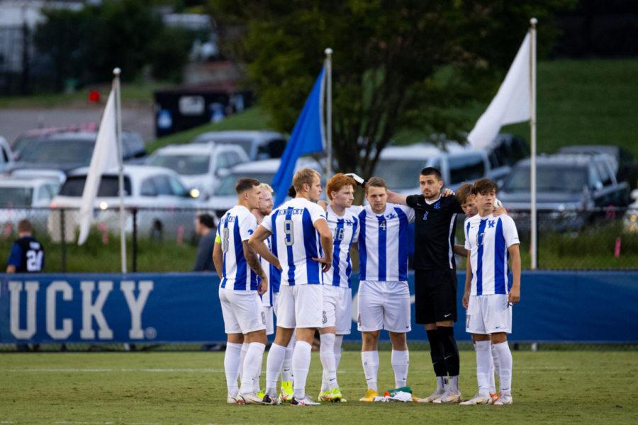 Kentucky huddles up before the University of Kentucky vs. Notre Dame mens soccer game on Friday, Sept. 3, 2021, at the Bell Soccer Complex in Lexington, Kentucky. UK won 1-0. Photo by Michael Clubb | Staff
