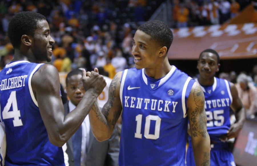 UK players Michael Kidd-Gilchrist and Twany Beckham (10) celebrate after defeating Tennessee at Thompson-Boling Arena in Knoxville, Tenn., Jan. 14, 2012. Photo by Brandon Goodwin | Staff