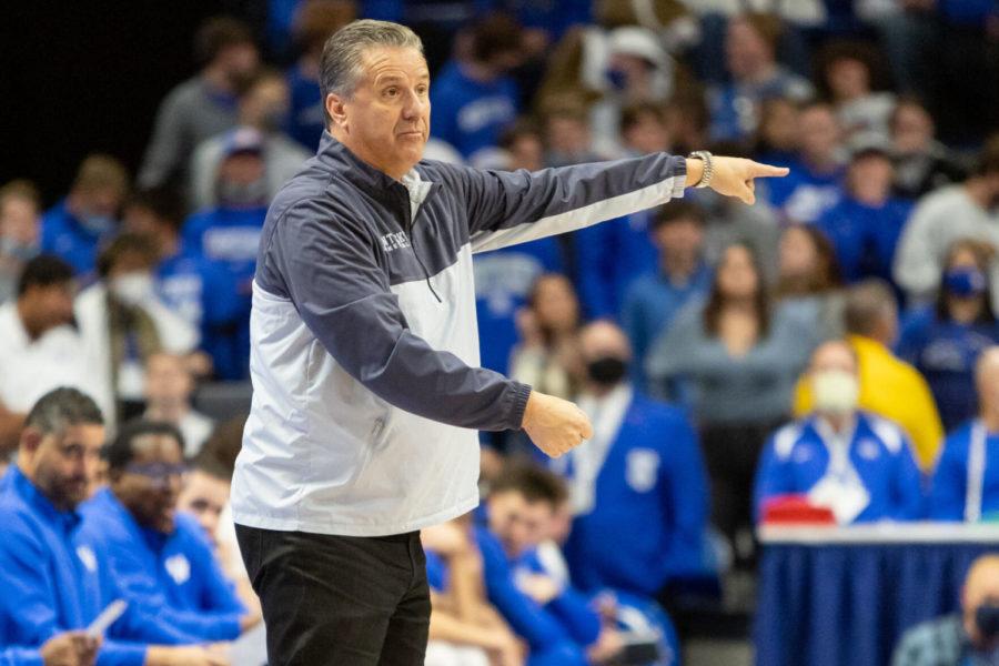 Kentucky Wildcats head coach John Calipari coaches his team from the sidelines during the UK vs. Miles College exhibition basketball game on Friday, Nov. 5, 2021, at Rupp Arena in Lexington, Kentucky. UK won 80-71. Photo by Jack Weaver | Staff
