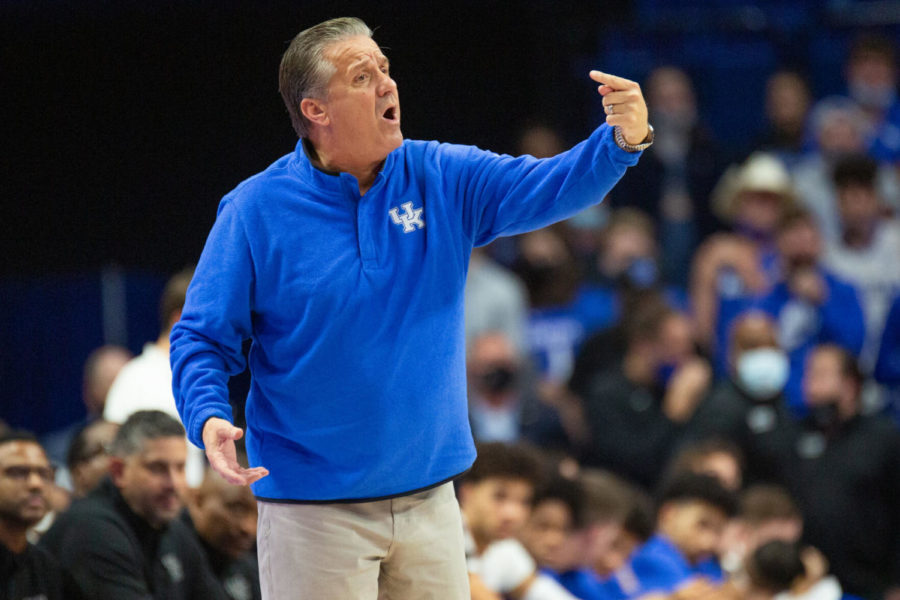 Kentucky Wildcats head coach John Calipari yells at his team during the UK vs. Wesleyan exhibition game on Friday, Oct. 29, 2021, at Rupp Arena in Lexington, Kentucky. UK won 95-72. Photo by Jack Weaver | Staff