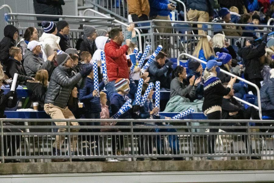 Fans cheer after UK scores a goal during the University of Kentucky vs. Florida Atlantic men’s soccer match on Friday, Nov. 5, 2021, at Wendell & Vickie Bell Soccer Complex in Lexington, Kentucky. UK won 3-0. Photo by Amanda Braman | Staff