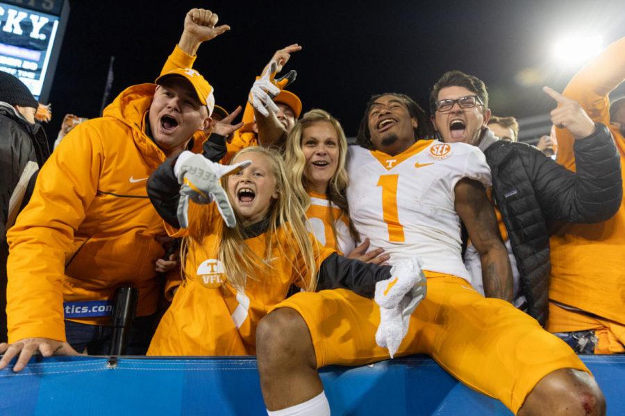 Tennessee Volunteers wide receiver Velus Jones Jr. (1) poses with a group of fans after the UK vs. Tennessee football game on Saturday, Nov. 6, 2021, at Kroger Field in Lexington, Kentucky. Tennessee won 45-42. Photo by Jack Weaver | Staff