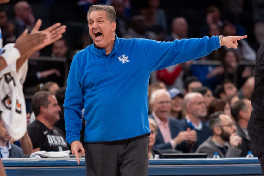 Kentucky Wildcats head coach John Calipari argues a call during the UK vs. Duke men’s basketball game as part of the State Farm Champions Classic on Tuesday, Nov. 9, 2021, at Madison Square Garden in New York City, New York. Duke won 79-71. Photo by Jack Weaver | Staff