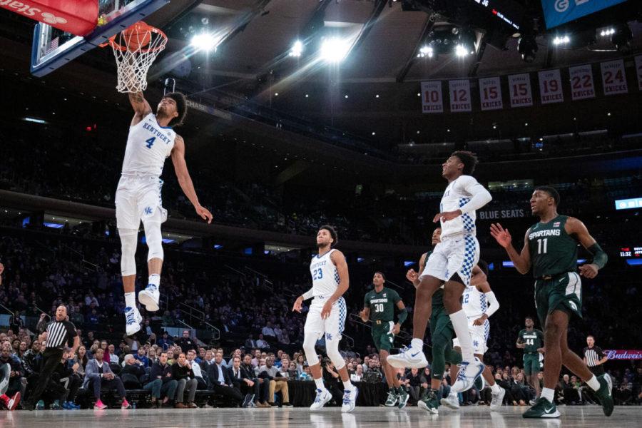 Kentucky+Wildcats+junior+forward+Nick+Richards+%284%29+dunks+the+ball+during+Kentucky%E2%80%99s+game+against+Michigan+State+as+part+of+the+State+Farm+Champions+Classic+on+Wednesday%2C+Nov.+6%2C+2019%2C+at+Madison+Square+Garden+in+New+York+City%2C+New+York.+UK+won+69-62.+Photo+by+Michael+Clubb+%7C+Staff