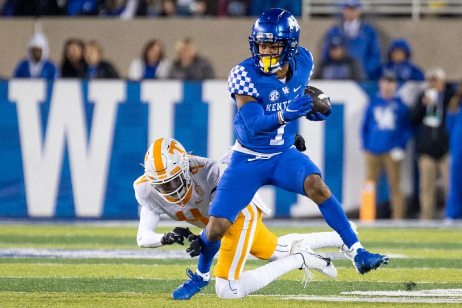Kentucky wide receiver WanDale Robinson (1) runs past a defender during the UK vs. Tennessee football game on Saturday, Nov. 6, 2021, at Kroger Field in Lexington, Kentucky. Tennessee won 45-42. Photo by Jack Weaver | Staff