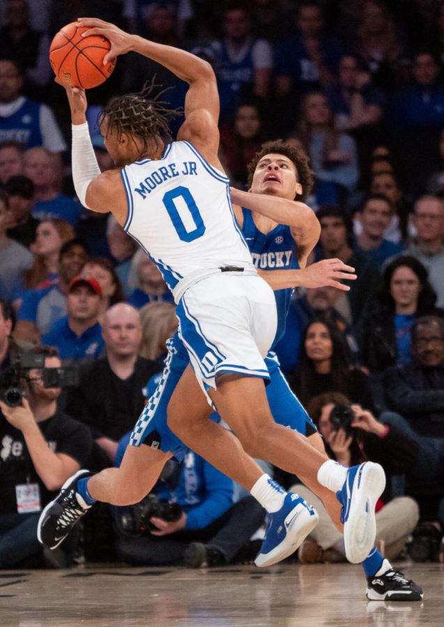 Kentucky Wildcats guard Kellan Grady (31) attempts to defend the ball during the UK vs. Duke men’s basketball game as part of the State Farm Champions Classic on Tuesday, Nov. 9, 2021, at Madison Square Garden in New York City, New York. Duke won 79-71. Photo by Jack Weaver | Staff